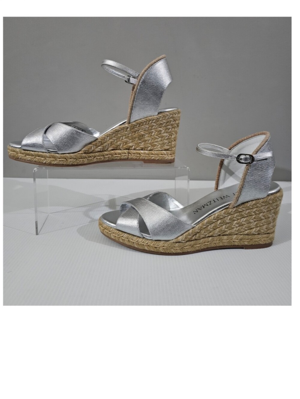Stuart Weitzman Mirela II Espadrille Wedge Sandal Metallic Silver Womens 9 - Picture 2 of 13